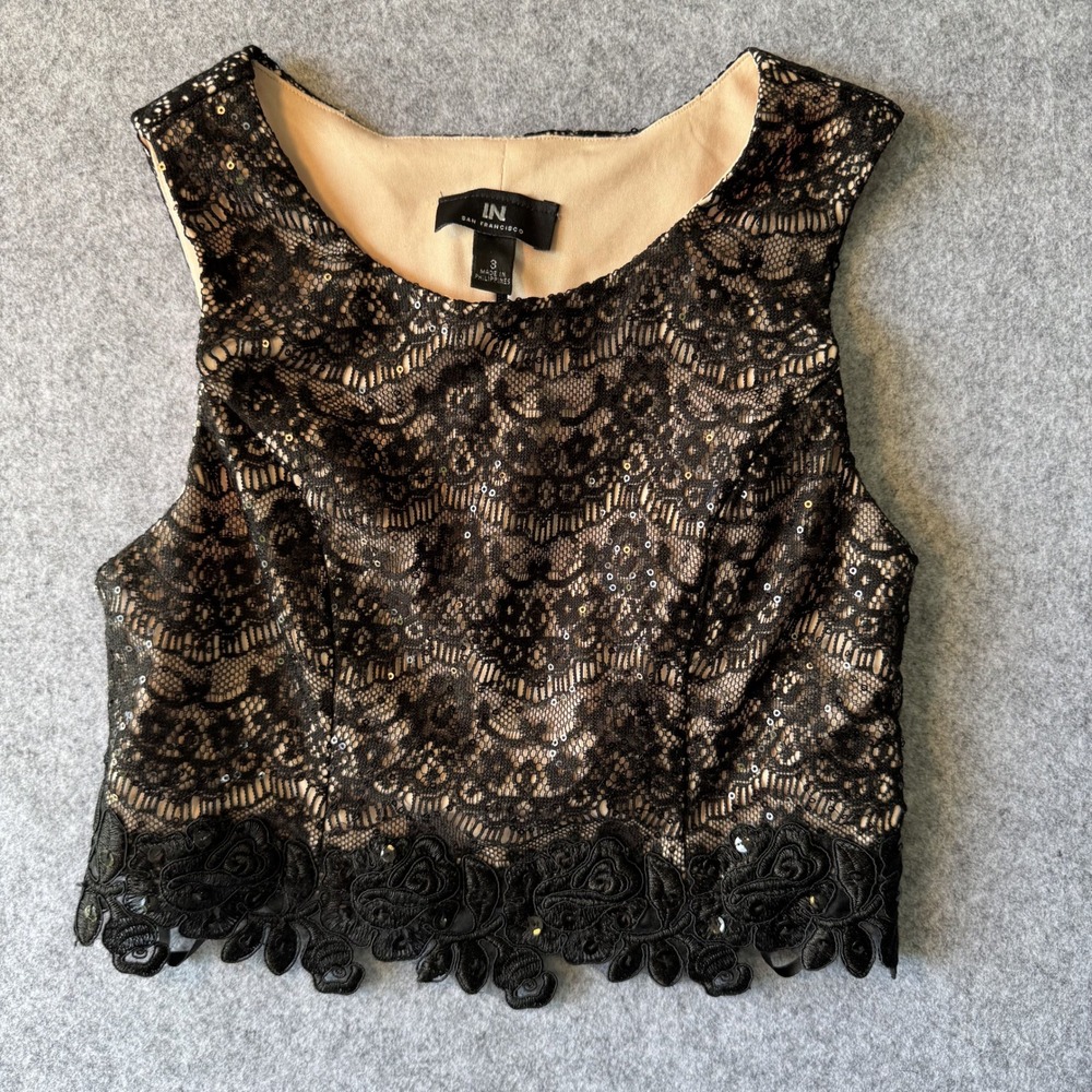 IN San Francisco Lace Sequin Crop Top Size 3 Black Floral Scalloped Hem